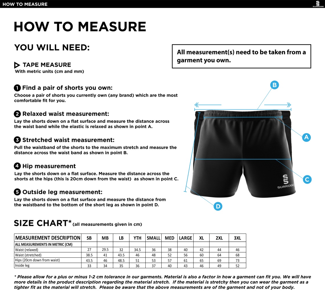 Woodham Mortimer Cricket Club - Gym Shorts - Size Guide