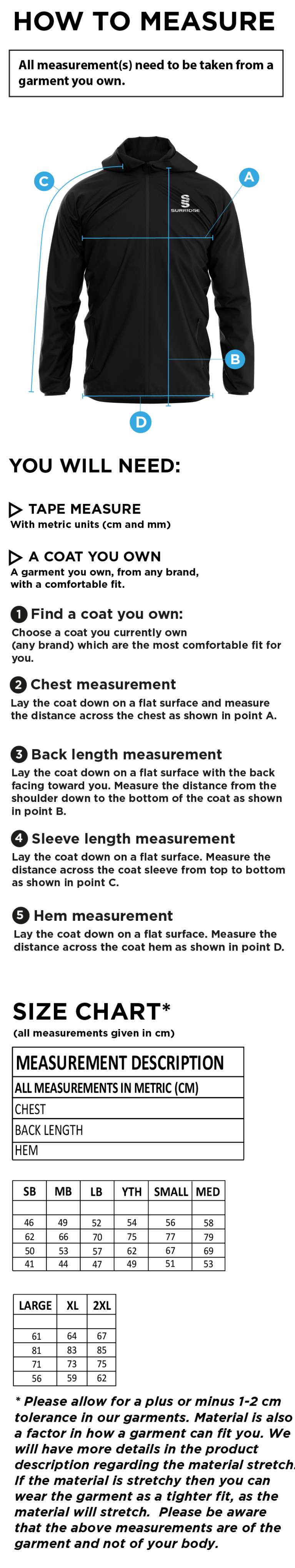 Woodham Mortimer Cricket Club - Training Jacket - Size Guide