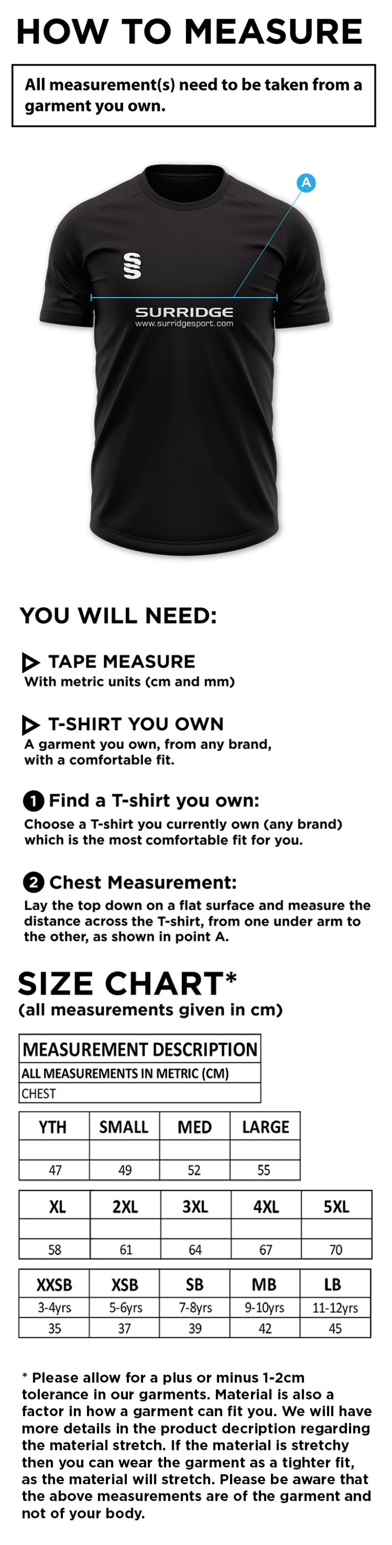 Woodham Mortimer Cricket Club - Dual Training Shirt - Size Guide