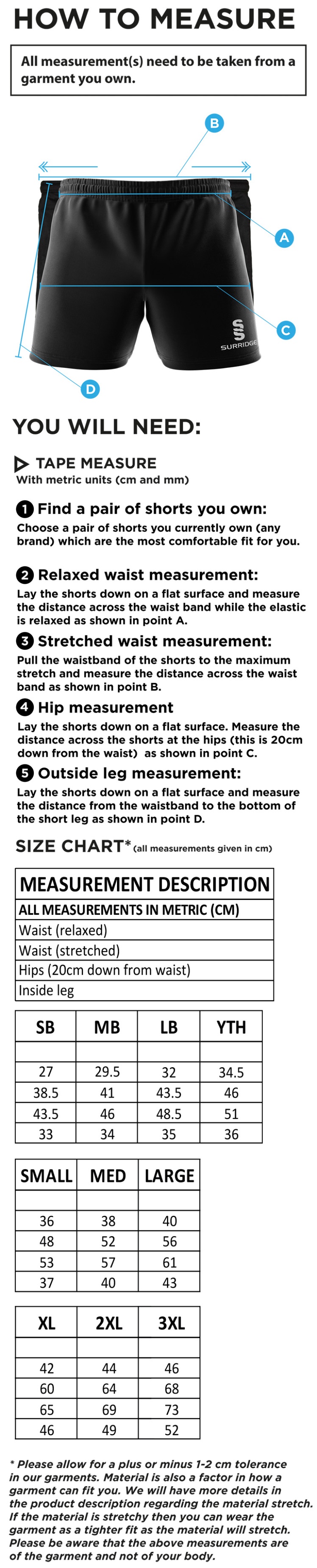 Woodham Mortimer Cricket Club - Gym Shorts - Size Guide