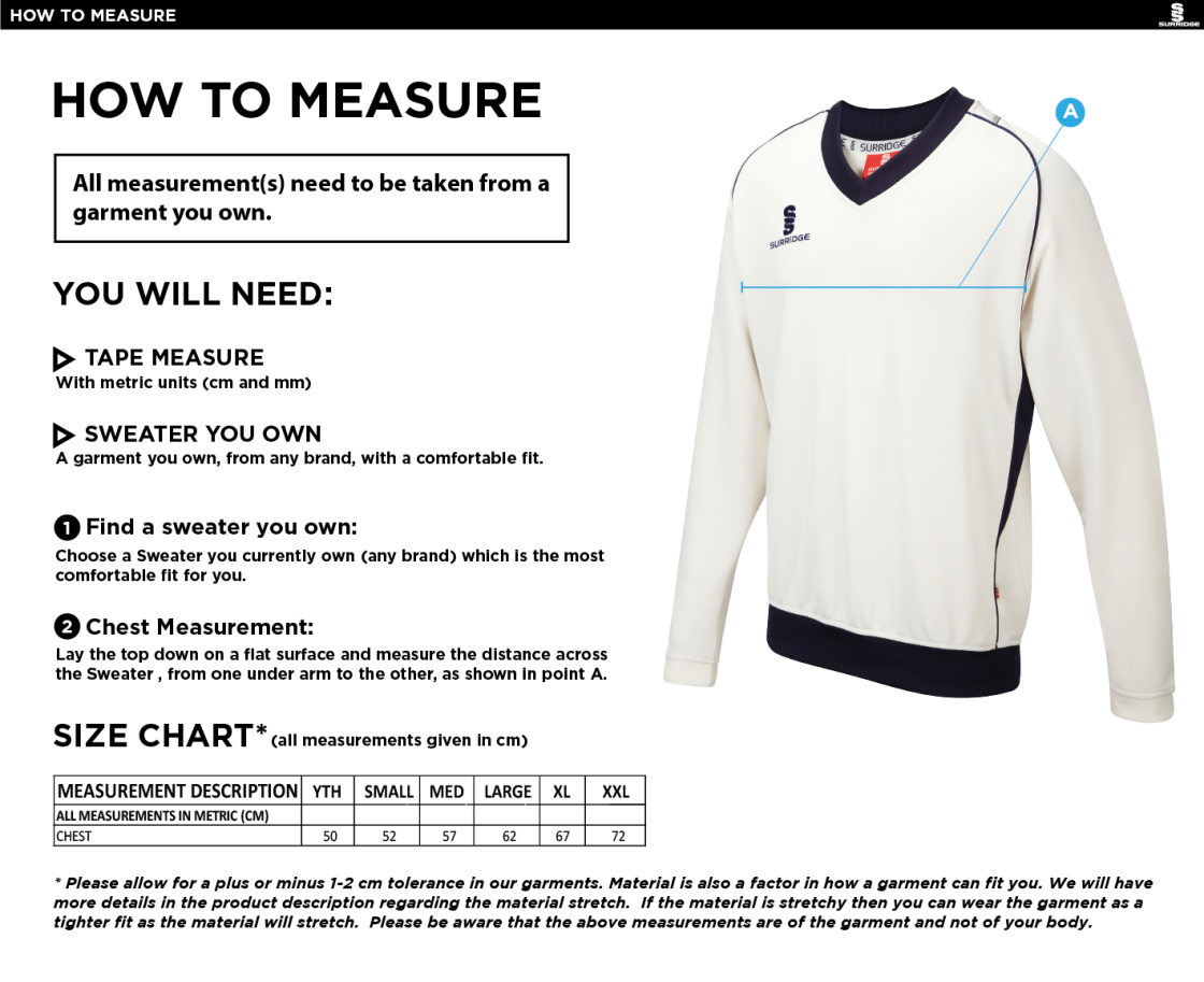 Woodham Mortimer Cricket Club - Long Sleeve Sweater - Size Guide