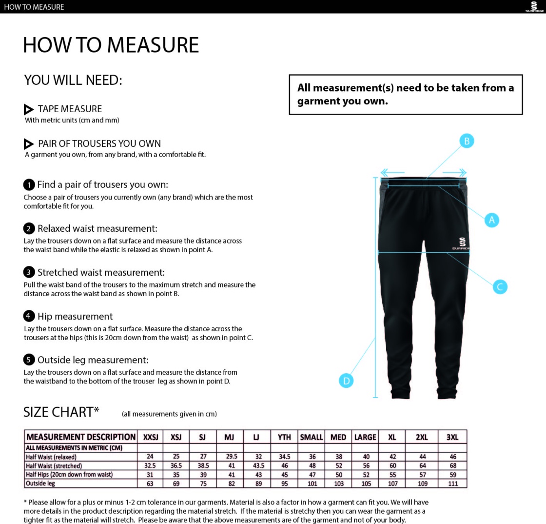 Woodham Mortimer Cricket Club - Tek Slim Dual Pant - Size Guide