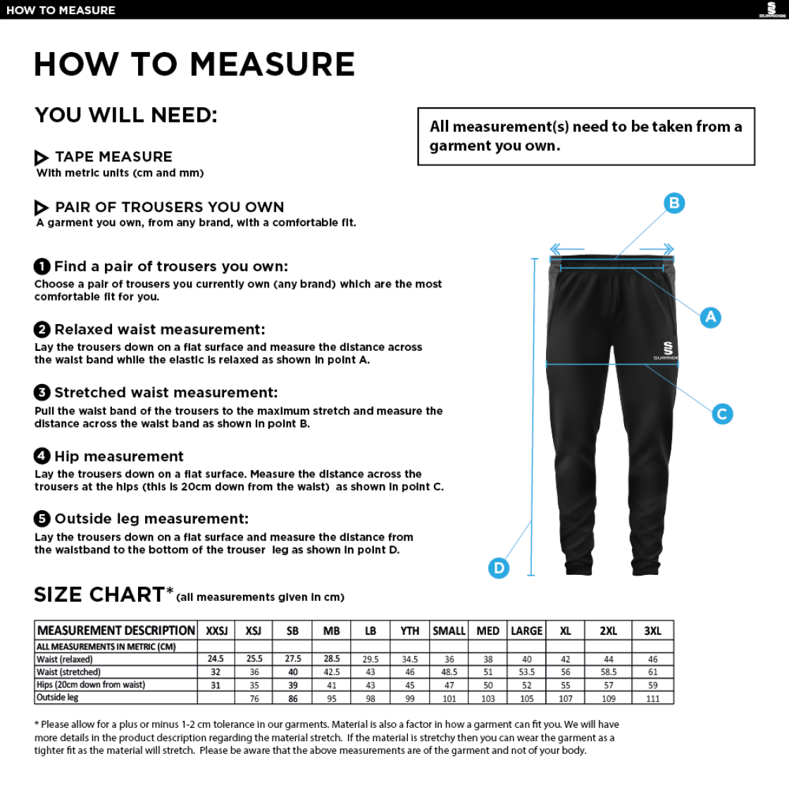 Woodham Mortimer Cricket Club - Tek Slim Pant - Size Guide