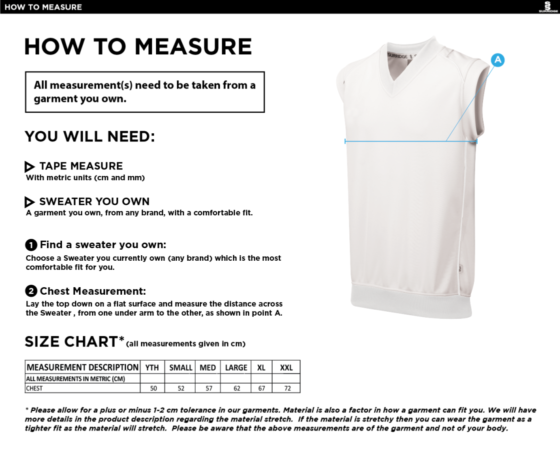 Woodham Mortimer Cricket Club - Sleeveless Sweater - Size Guide