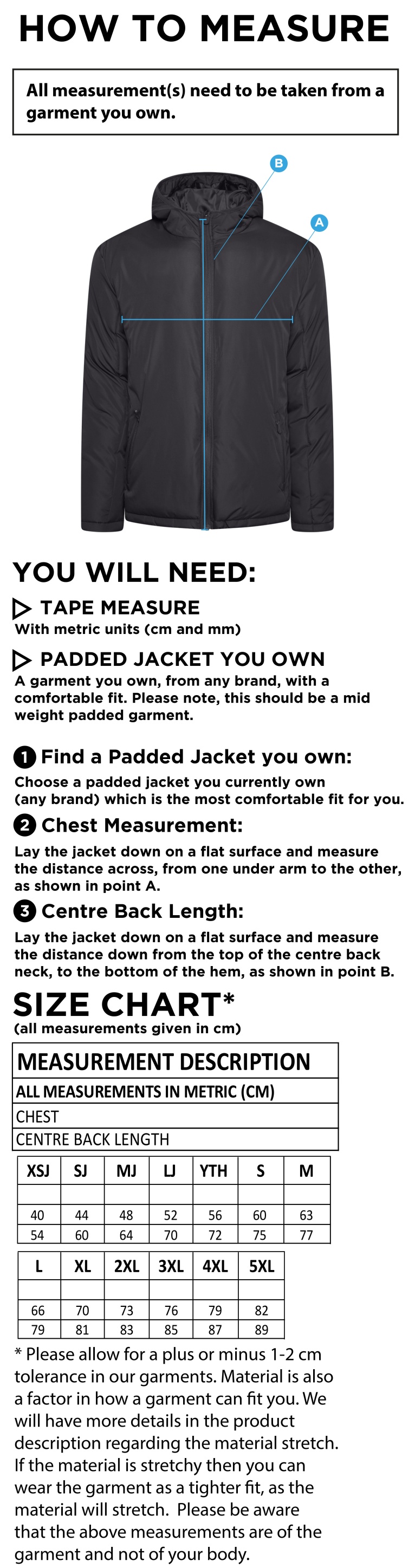 Woodham Mortimer Cricket Club - Ct Padded Jacket - Size Guide