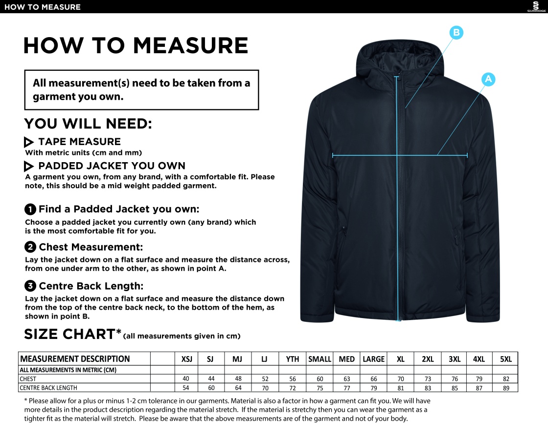 Woodham Mortimer Cricket Club - Ct Padded Jacket - Size Guide