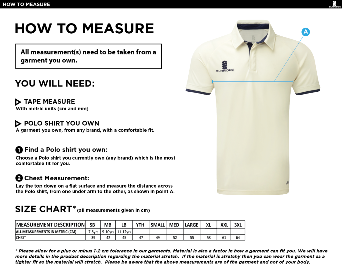 Woodham Mortimer Cricket Club - Ergo Short Sleeve Shirt - Size Guide