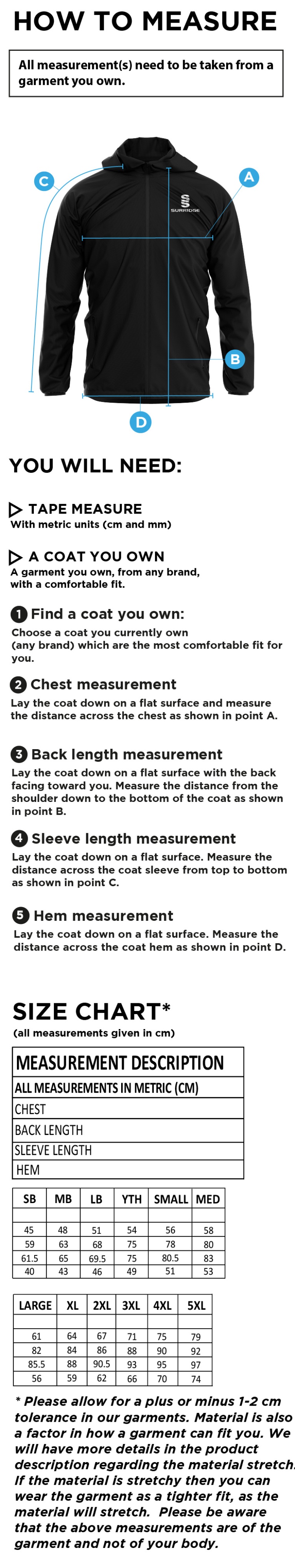 Woodham Mortimer Cricket Club - Training Jacket - Size Guide