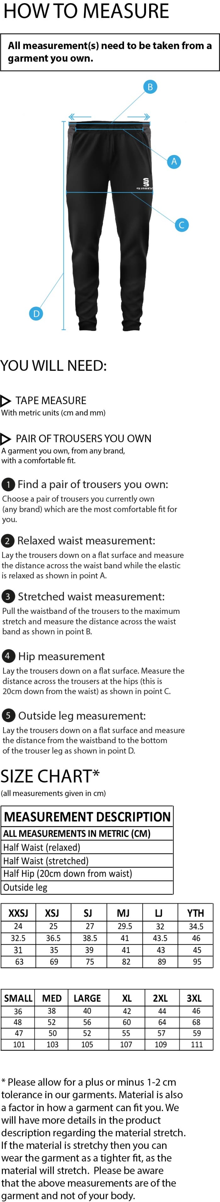 Woodham Mortimer Cricket Club - Tek Slim Dual Pant - Size Guide