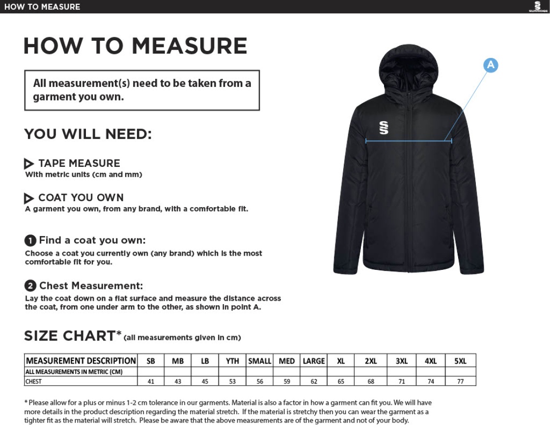 Woodham Mortimer Cricket Club - Ct Padded Jacket - Size Guide