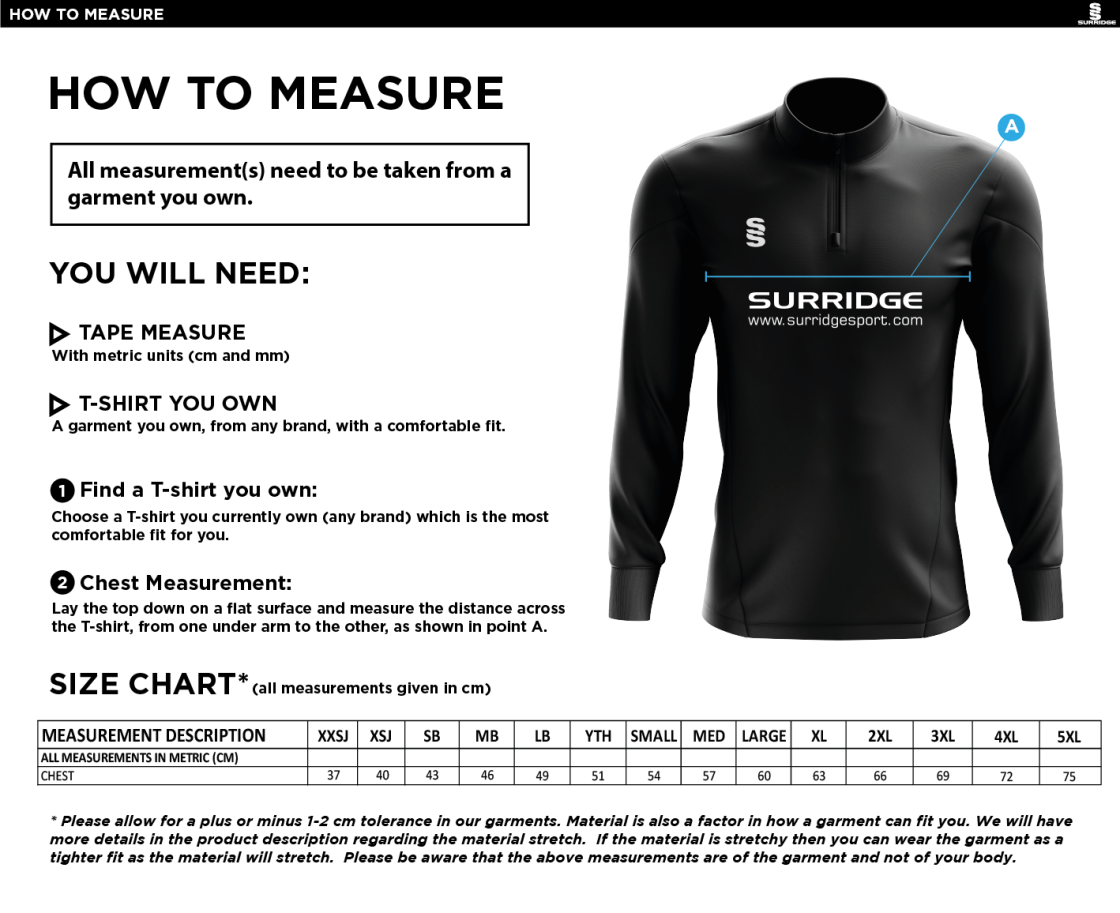 Woodham Mortimer Cricket Club Dual Mid-layer Grey - Size Guide