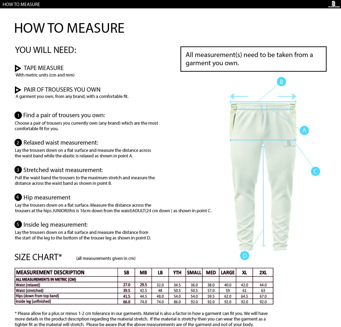 Woodham Mortimer Cricket Club - Tek Playing Pant - Size Guide