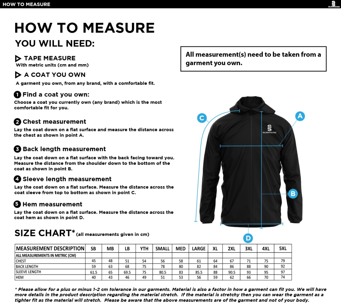 Woodham Mortimer Cricket Club - Training Jacket - Size Guide