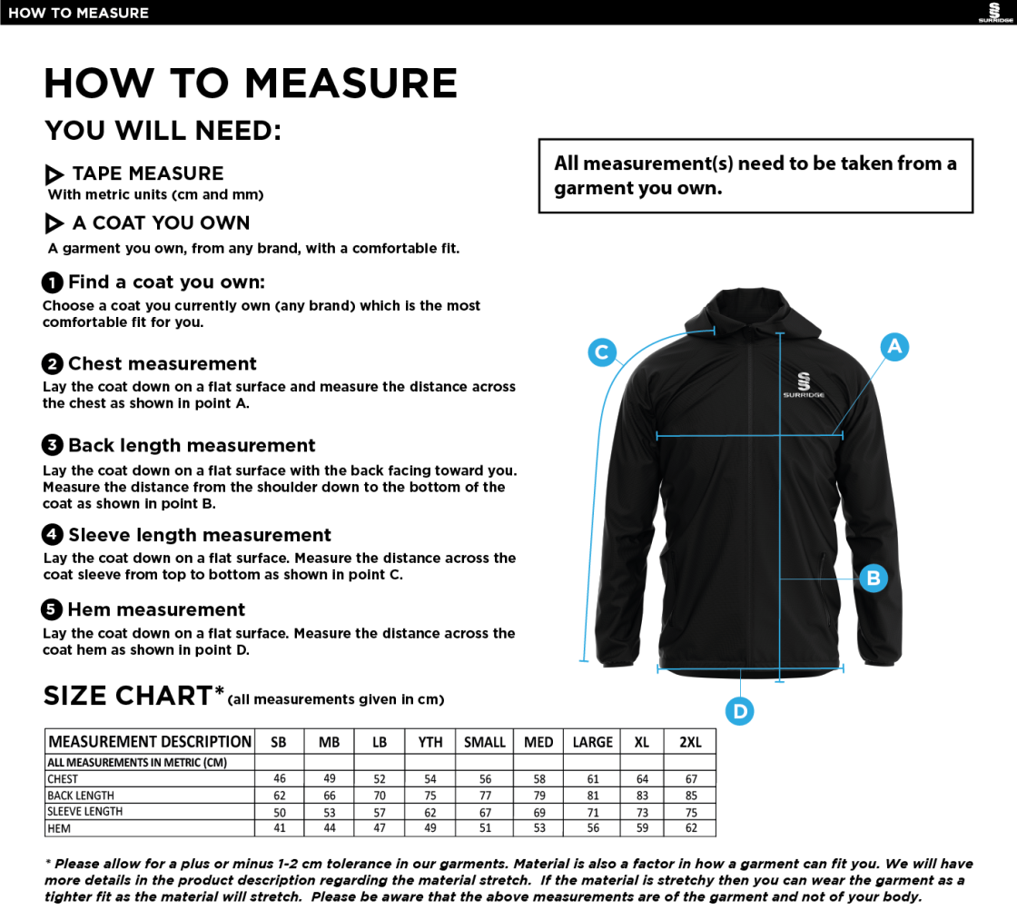 Woodham Mortimer Cricket Club - Training Jacket - Size Guide