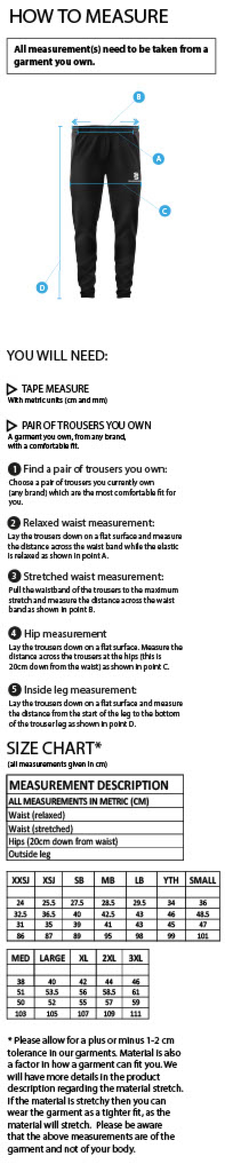 Woodham Mortimer Cricket Club - Tek Slim Dual Pant - Size Guide