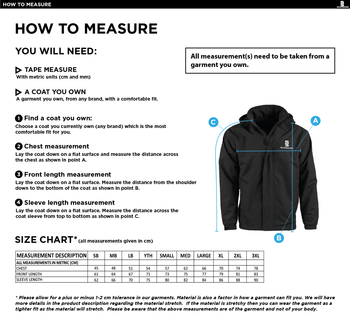 Woodham Mortimer Cricket Club - Fleeced Line Jacket - Size Guide