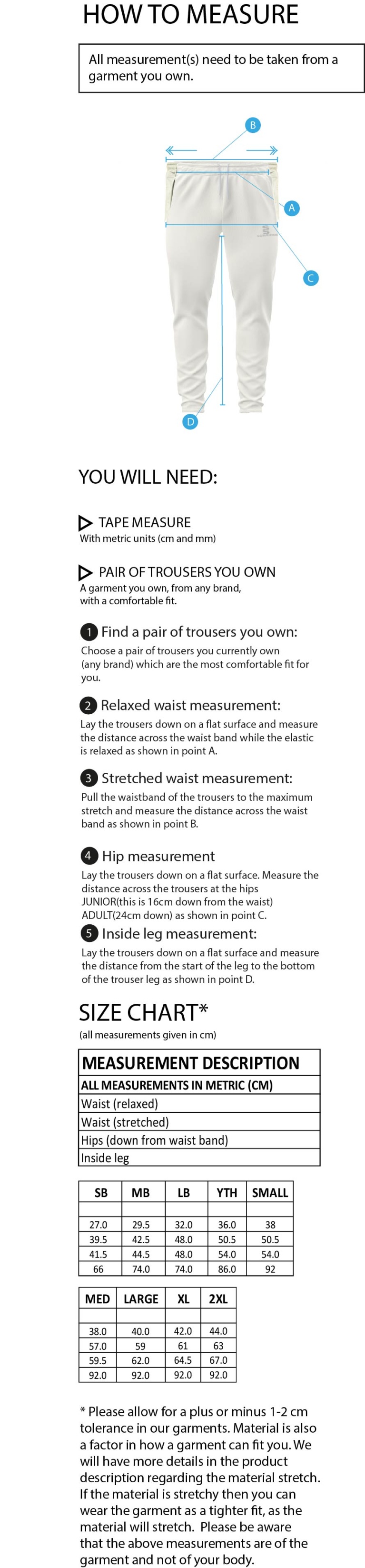 Woodham Mortimer Cricket Club - Tek Playing Pant - Size Guide