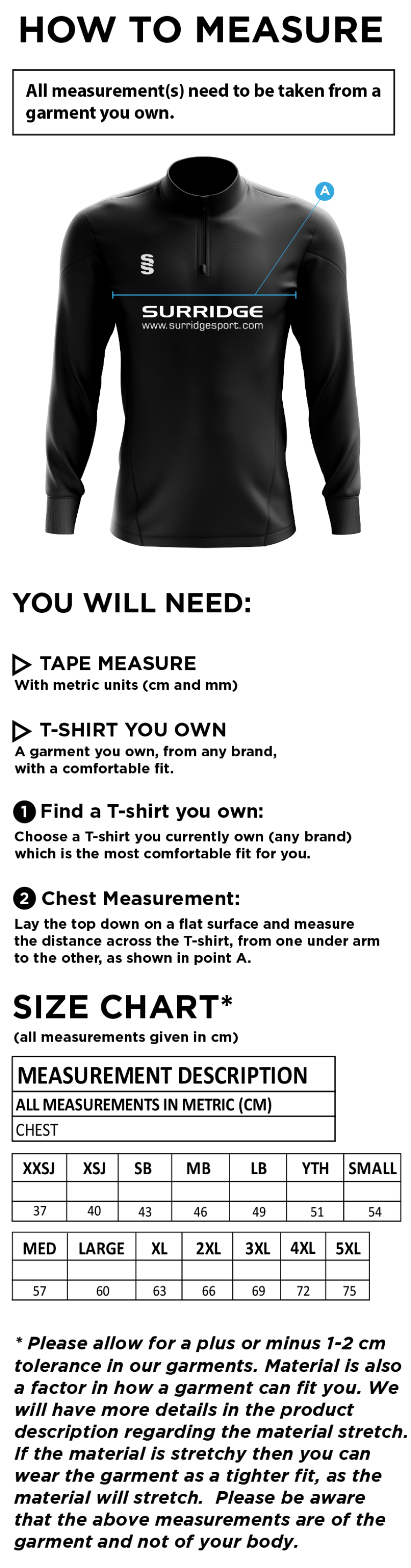 Woodham Mortimer Cricket Club - Dual Mid-layer - Size Guide