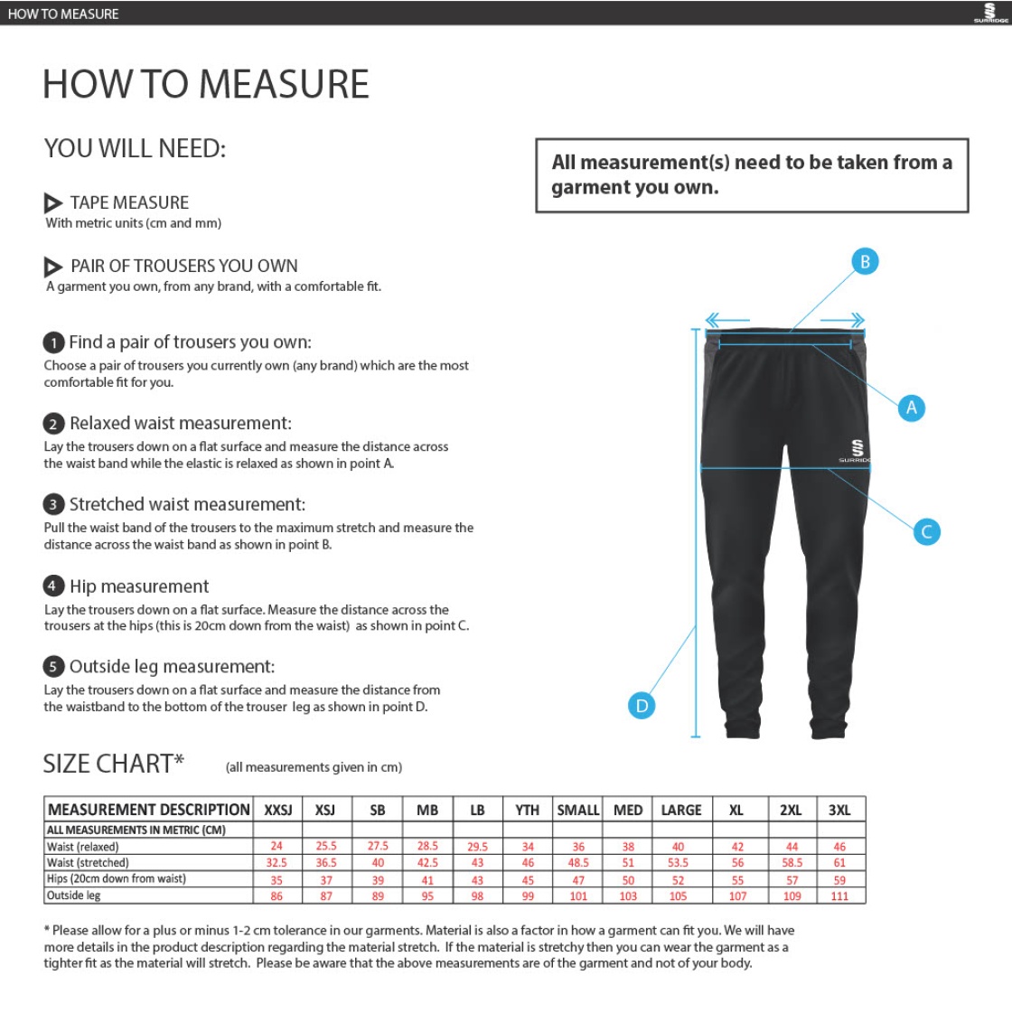 Woodham Mortimer Cricket Club - Tek Slim Dual Pant - Size Guide