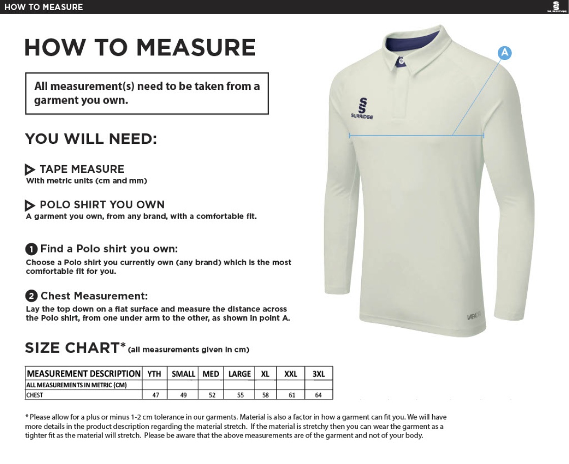 Woodham Mortimer Cricket Club - Ergo Long Sleeve Shirt - Size Guide